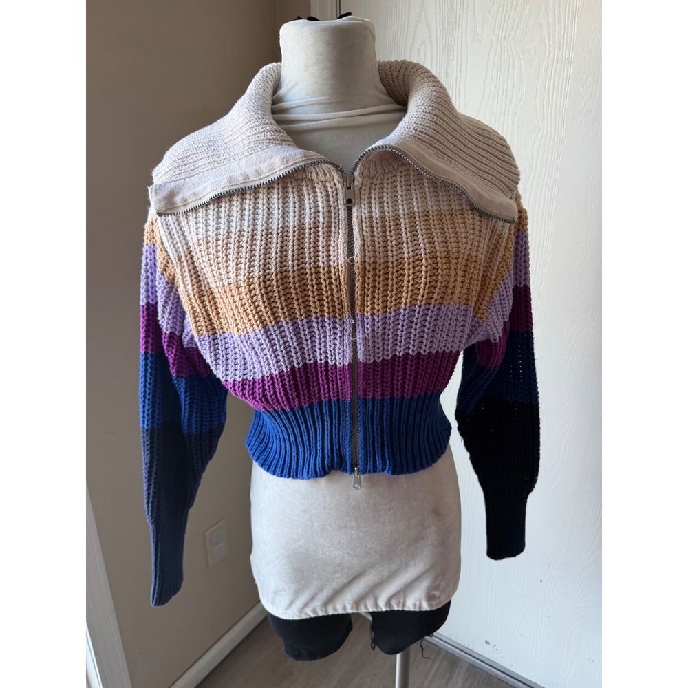 Aerie Striped Cropped Full Zip Sweater Multi Color Shaker Knit Cotton Small